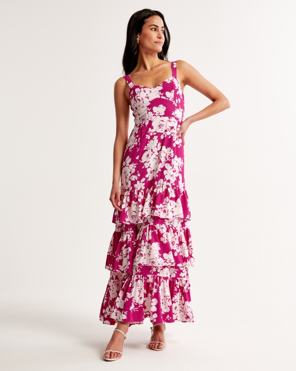 Drama Ruffle Tiered Gown, Pink Floral
