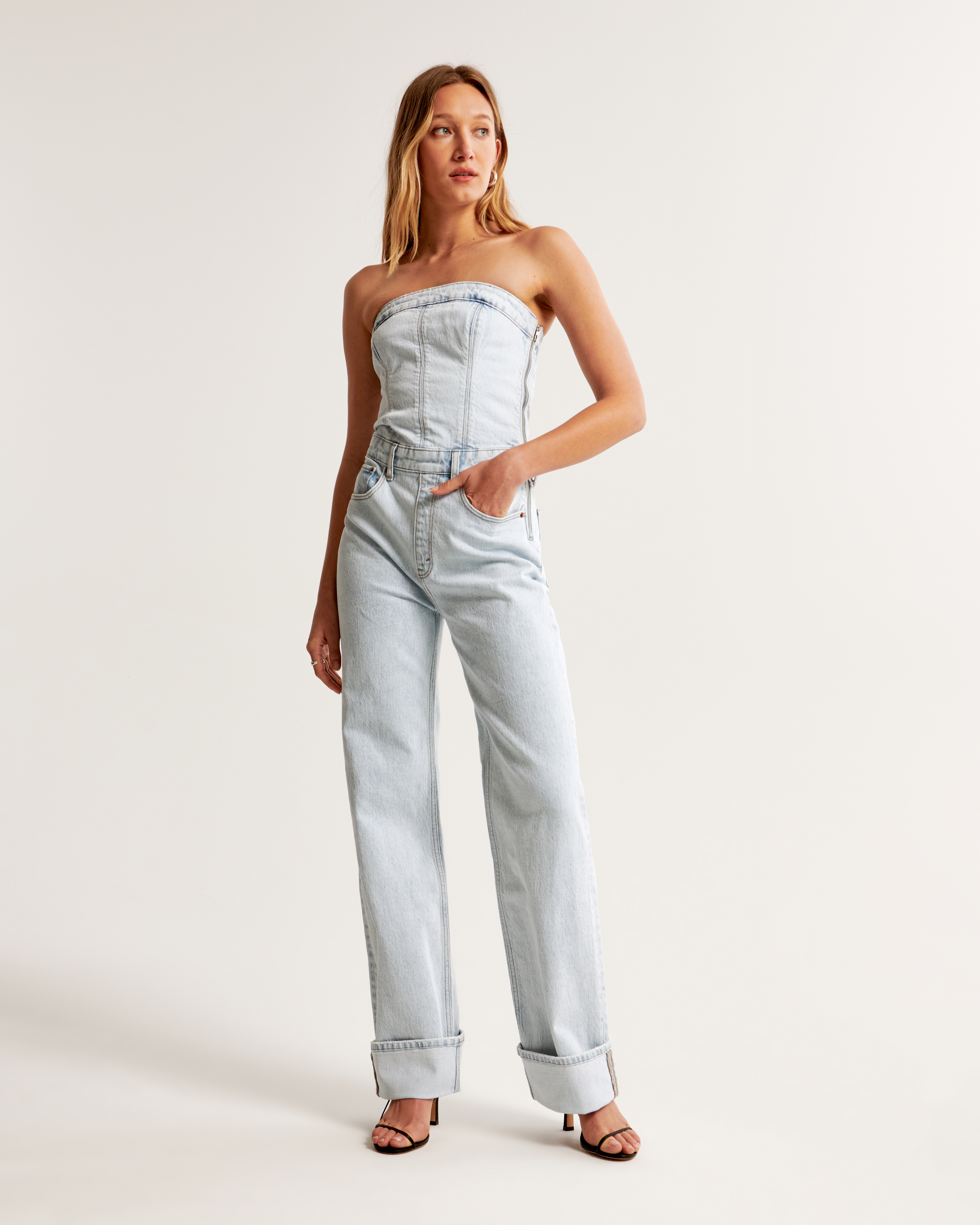 Strapless sales denim jumpsuit