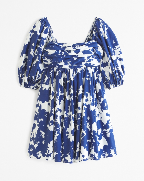 Emerson Poplin Puff Sleeve Mini Dress, Blue Pattern
