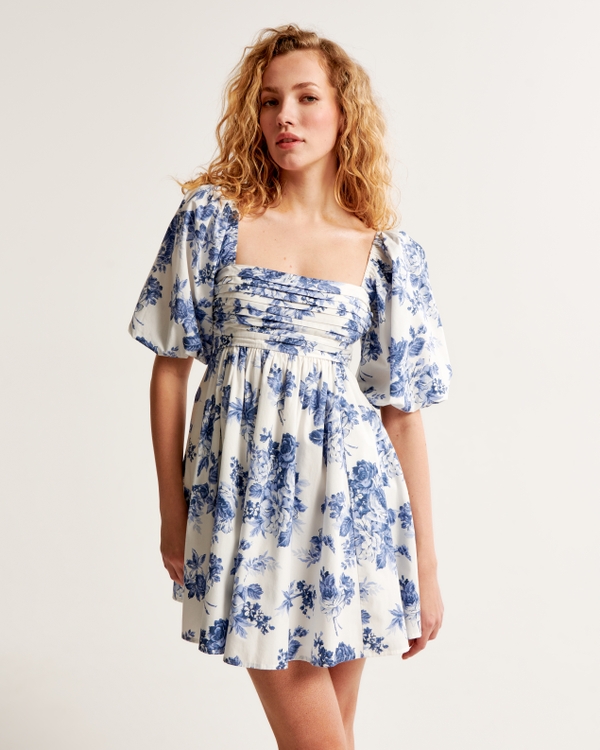 Emerson Poplin Puff Sleeve Mini Dress, Blue Floral