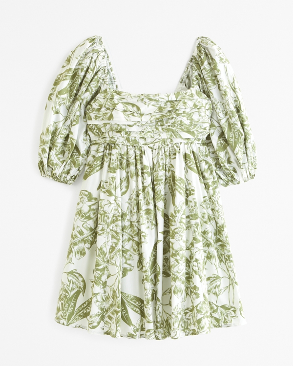 Emerson Poplin Puff Sleeve Mini Dress, Green Pattern