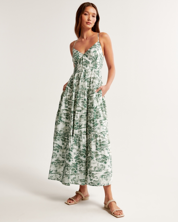 Flowy Tiered Maxi Dress, Green Pattern