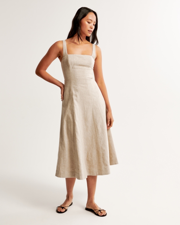 Seamed Linen-Blend Midi Dress, Beige