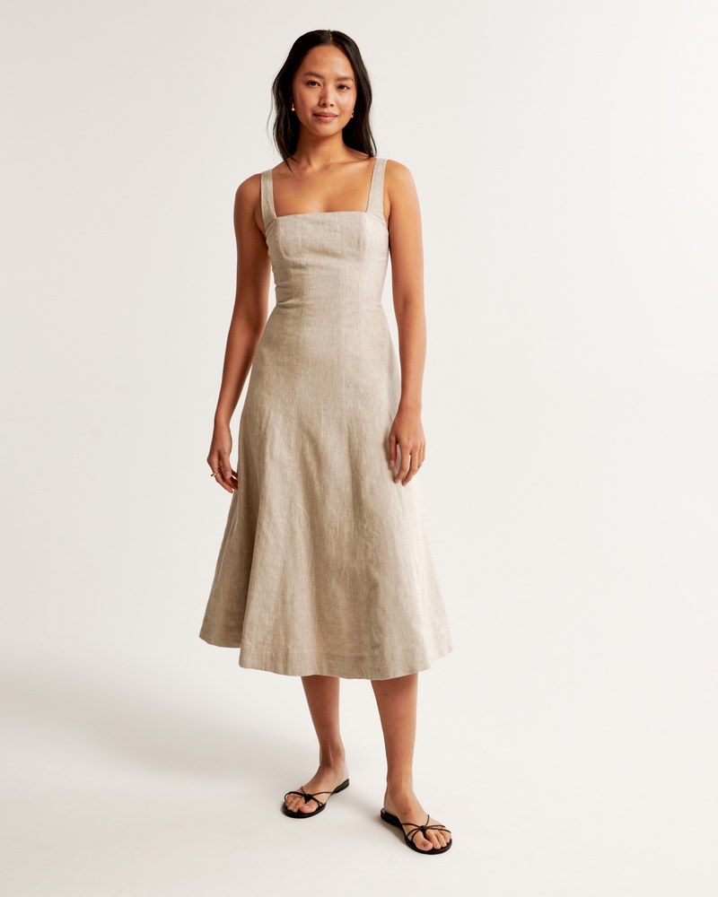 Women's Round Collar Cotton Linen Dress Slim Fit Adjustable Waist