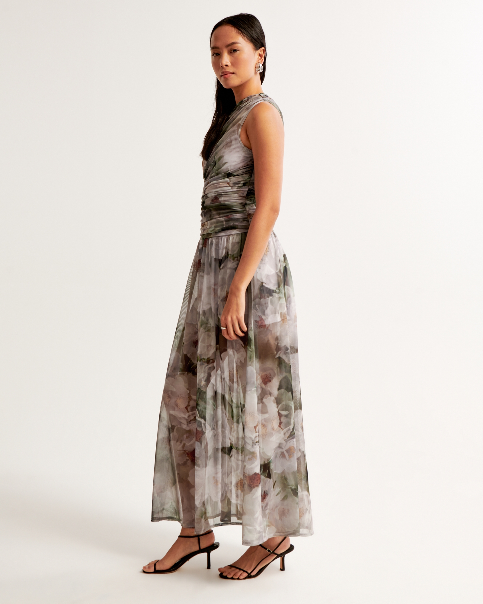 Mesh High-Neck Drop-Waist Maxi Dress