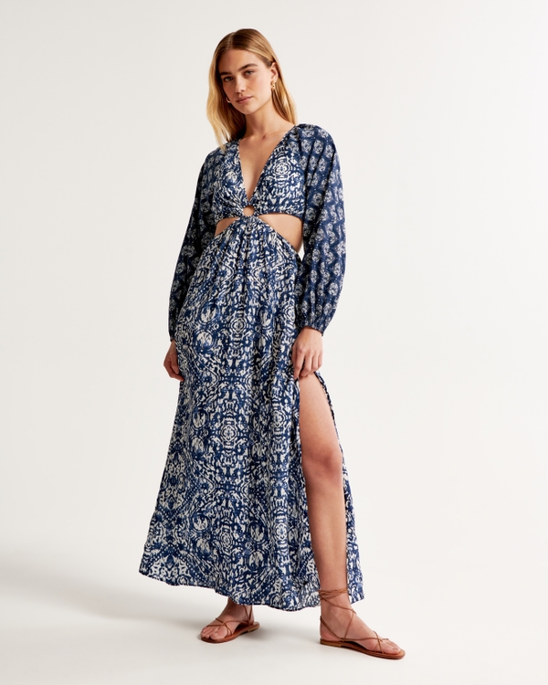 Long-Sleeve Plunge Cutout Maxi Dress, Blue Pattern