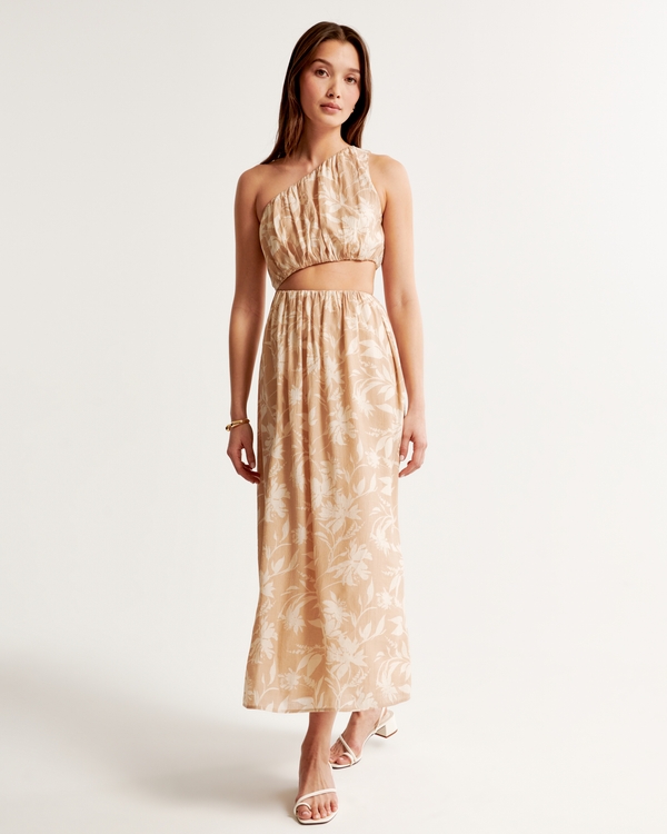 One-Shoulder Cutout Midi Dress, Brown Pattern
