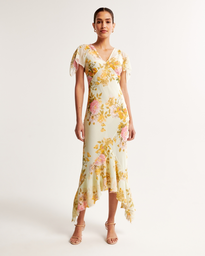 Women's Flutter Sleeve Plunge Tiered Maxi Dress | Women's New Arrivals | Abercrombie.com