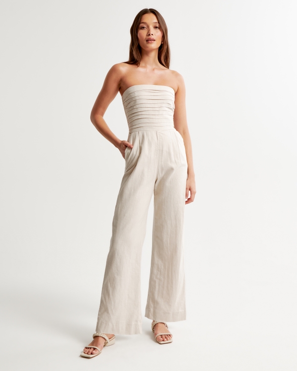 Emerson Linen-Blend Ruched Strapless Jumpsuit, Beige