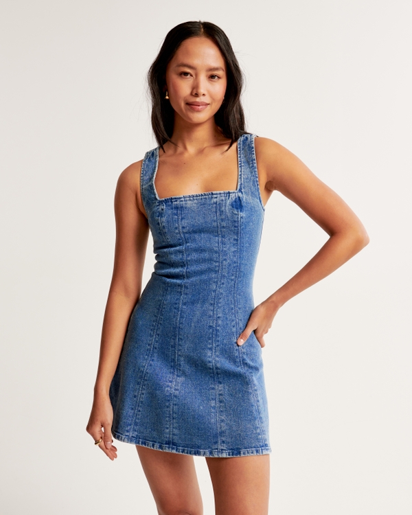 Denim A-Line Mini Dress, Medium Wash