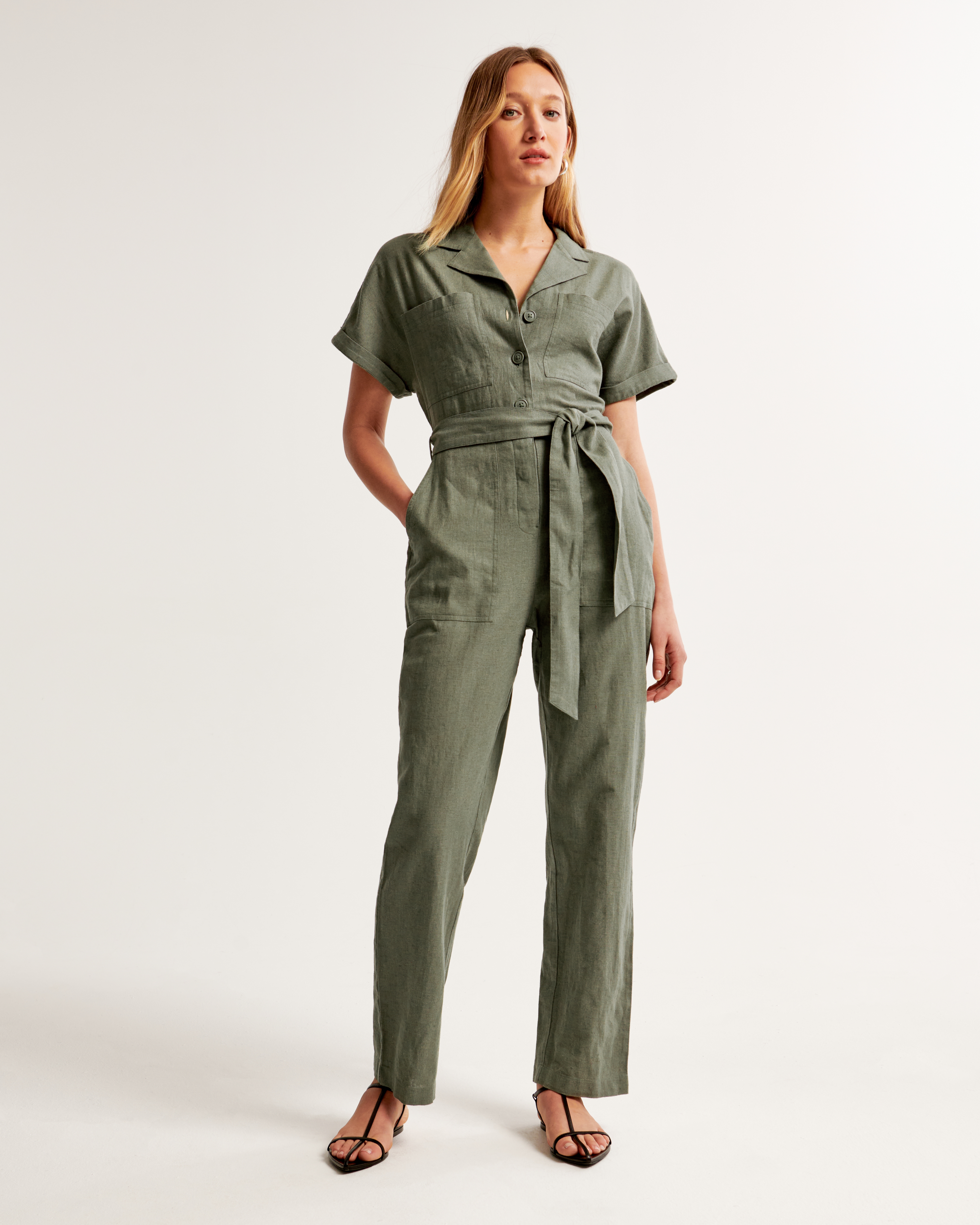 Linen-Blend Utility Jumpsuit