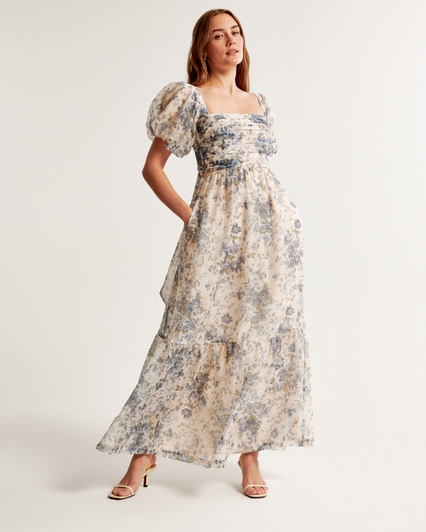 Emerson Drama Bow-Back Gown, Cream Floral