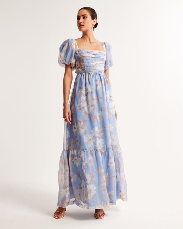 Emerson Drama Bow-Back Gown, Blue Floral