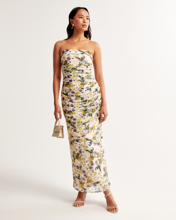 Mesh Strapless Ruched Gown, Cream Floral