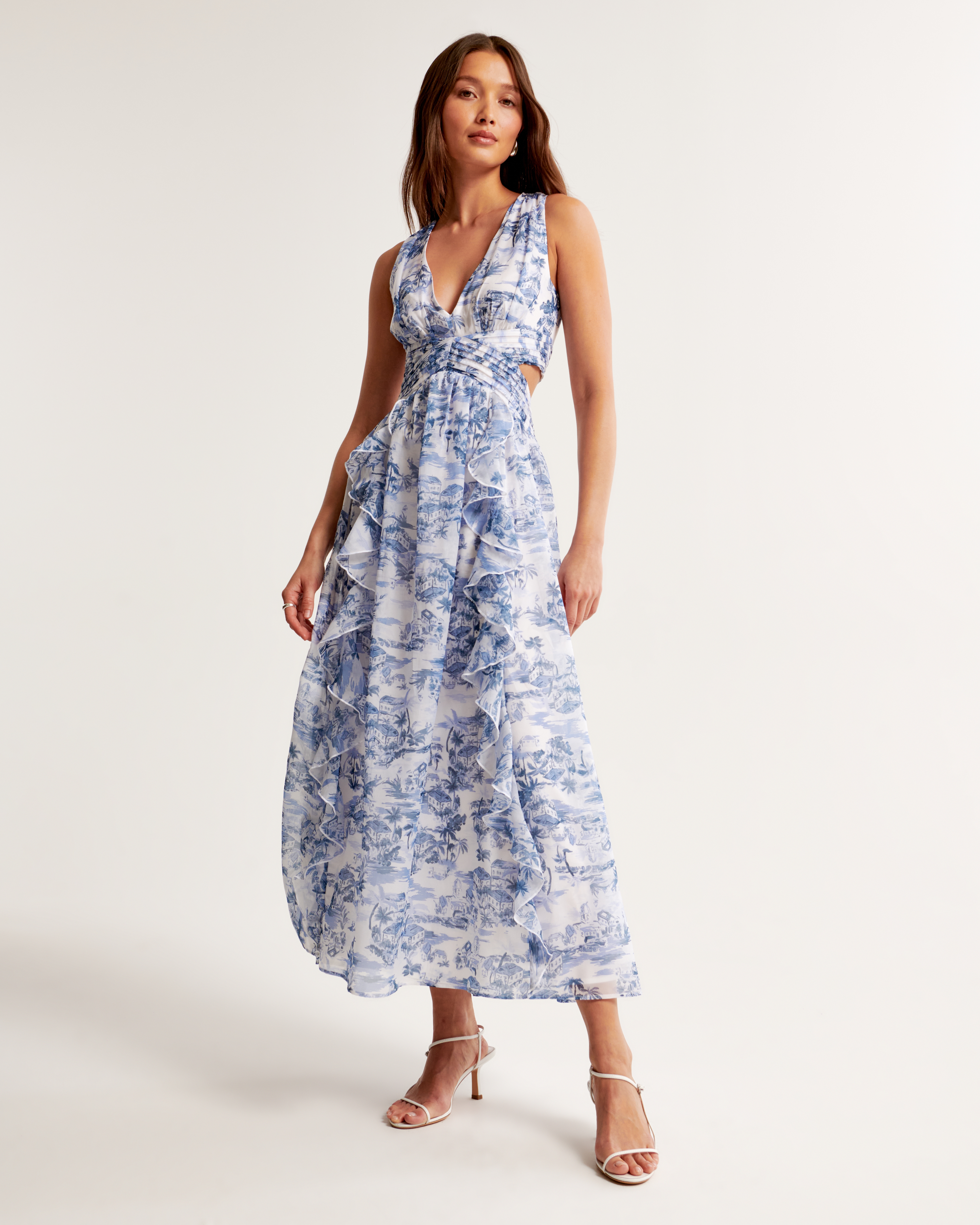 Women's Lace-Up Back Maxi Dress in Light Blue Pattern | Size XL Tall | Abercrombie u0026 Fitch
