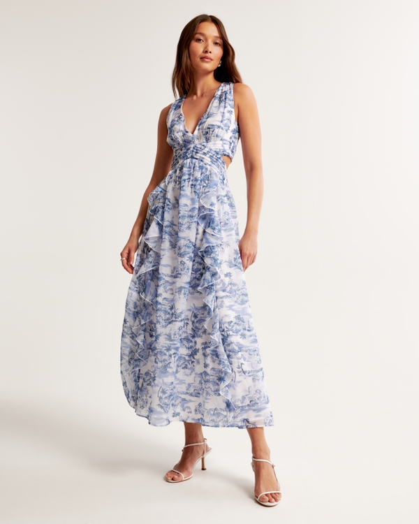 Lace-Up Back Maxi Dress, Light Blue Pattern