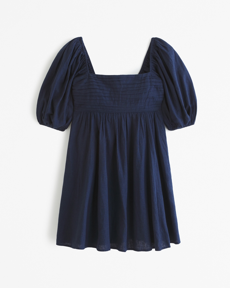 Puff Sleeve Bonded Satin Mini Dress in Navy - ShopperBoard