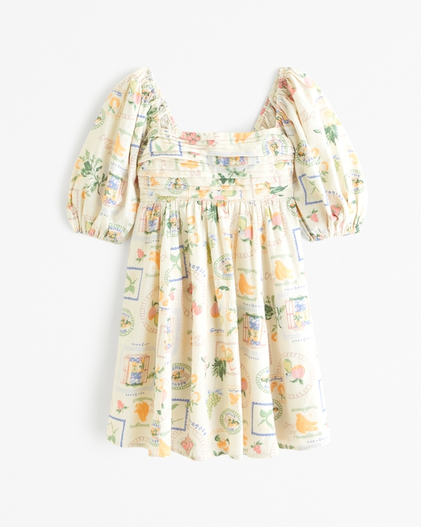 Emerson Linen-Blend Puff Sleeve Mini Dress, Cream Pattern