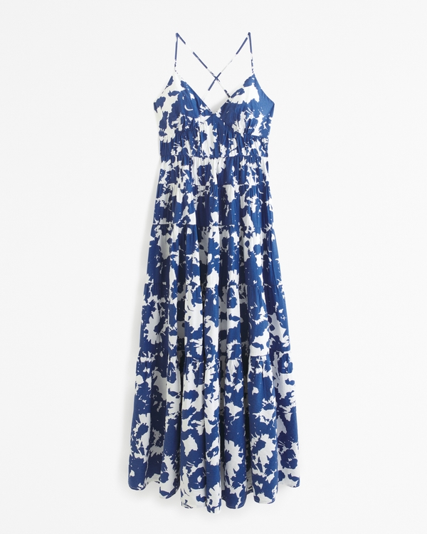 Flowy Tiered Maxi Dress, Blue Pattern