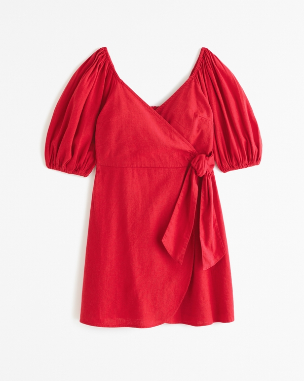 Puff Sleeve Wrap Mini Dress, Red