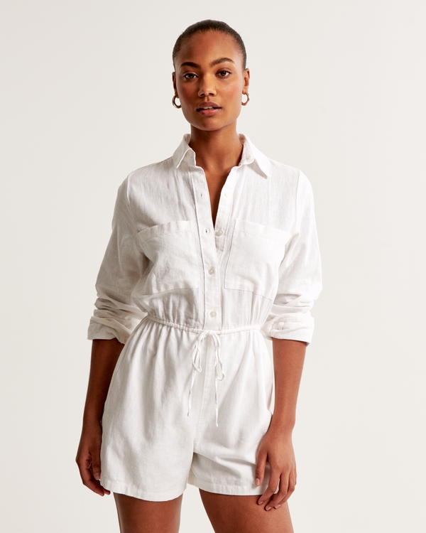 Linen-Blend Easy Waist Romper, White