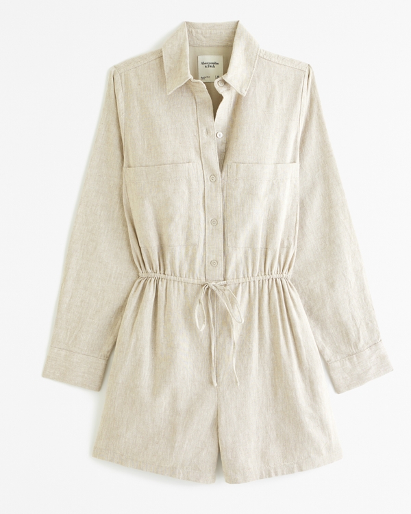 Linen-Blend Easy Waist Romper, Light Beige