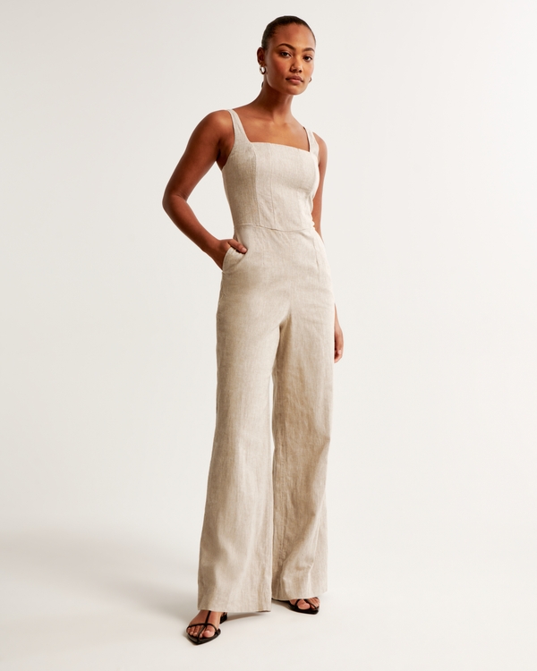 Squareneck Linen-Blend Jumpsuit, Light Beige