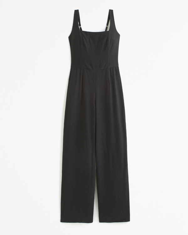 Squareneck Linen-Blend Jumpsuit, Black