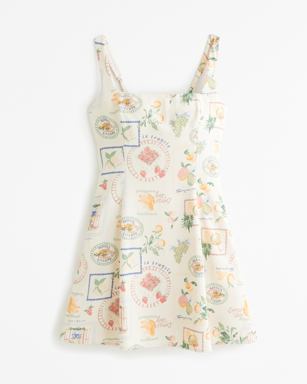 Squareneck Mini Dress, Cream Pattern