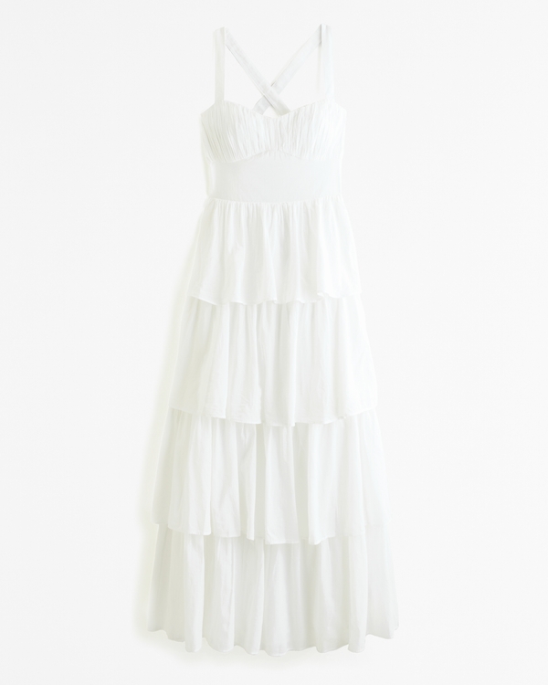 Lace-Up Back Tiered Maxi Dress, White