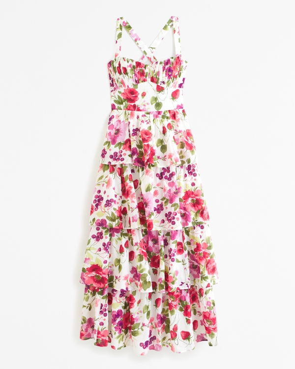 Lace-Up Back Tiered Maxi Dress, Pink Floral