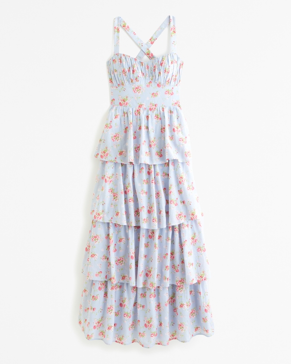 Lace-Up Back Tiered Maxi Dress, Blue Floral