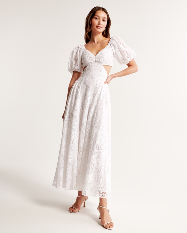 Lace Drama Puff Sleeve Cutout Maxi Dress, White