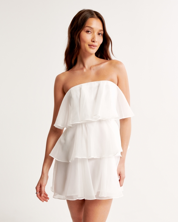 Organza Tiered Strapless Mini Dress, White