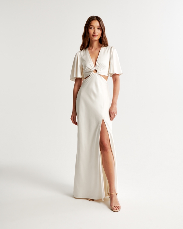 Angel Sleeve O-Ring Cutout Gown, White