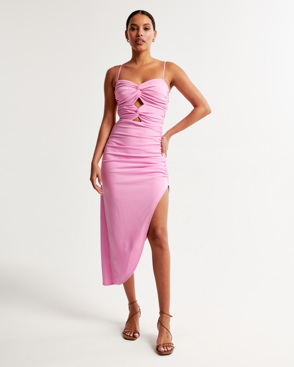 Ruched Front Cutout Asymmetrical Midi Dress, Pink