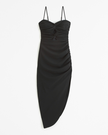 Asymmetrical Ruched High Slit Midi Dress for Elegant Evenings