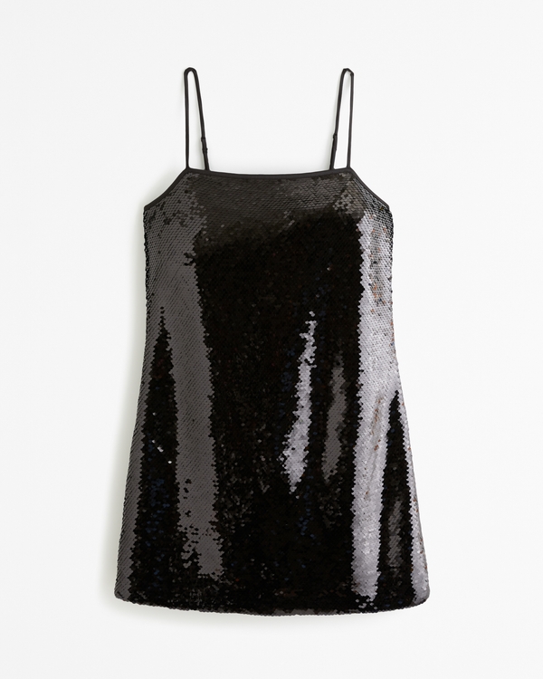 Sequin Squareneck Mini Dress, Black
