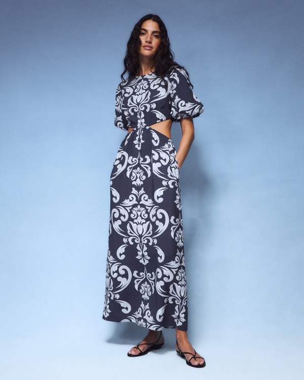 Short-Sleeve Cutout Maxi Dress, Blue Pattern