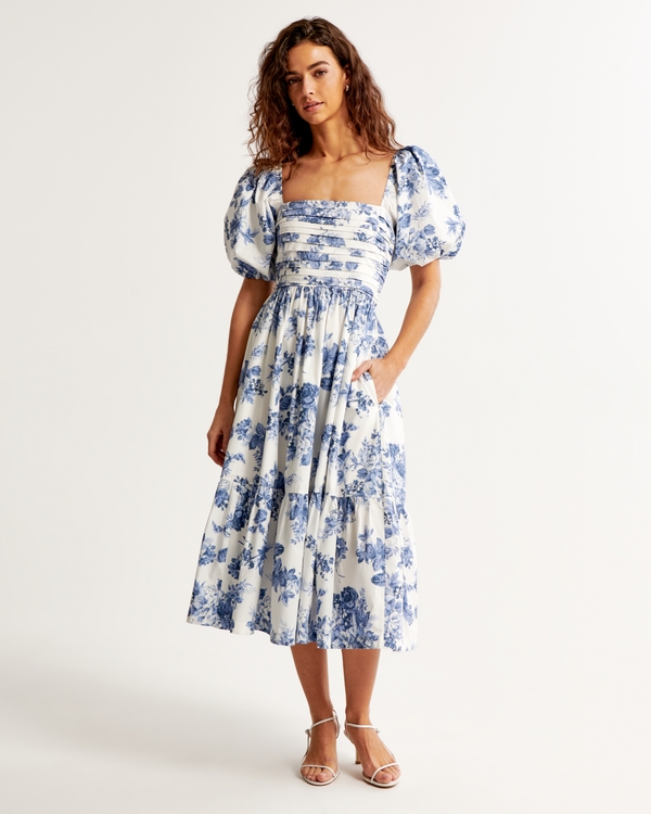 Emerson Poplin Puff Sleeve Midi Dress, Blue Floral