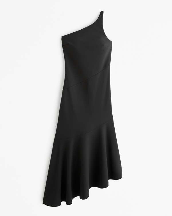 One-Shoulder Asymmetrical Hem Midi Dress, Black