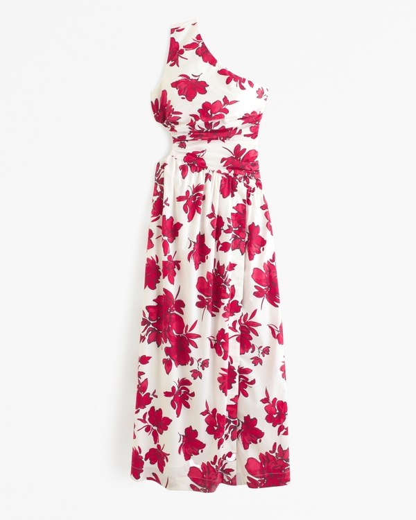 One-Shoulder Cutout Maxi Dress, Red Floral view 1