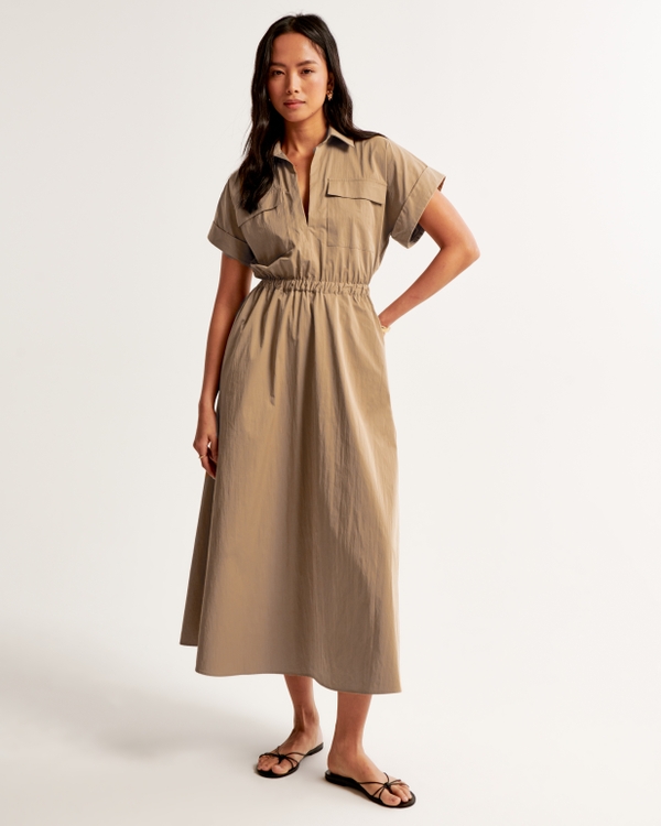 Utility Maxi Shirt Dress, Brown view 1