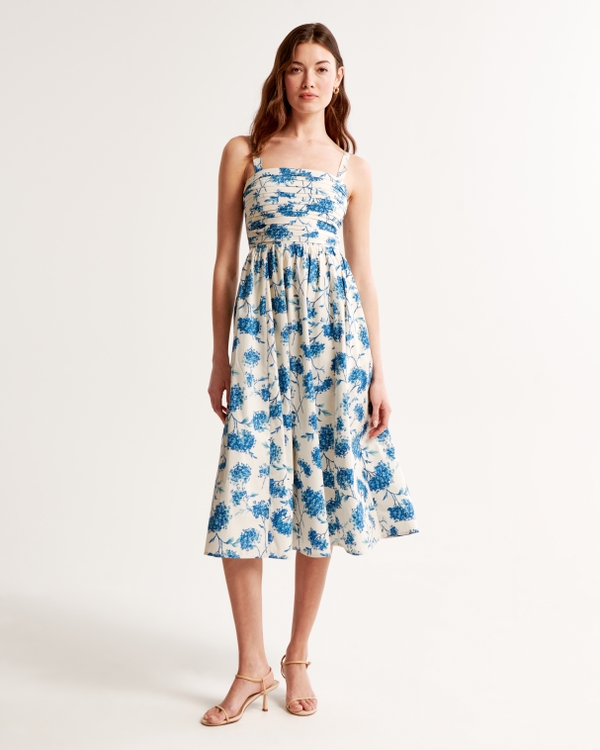 Emerson Poplin Wide Strap Midi Dress, Blue Pattern