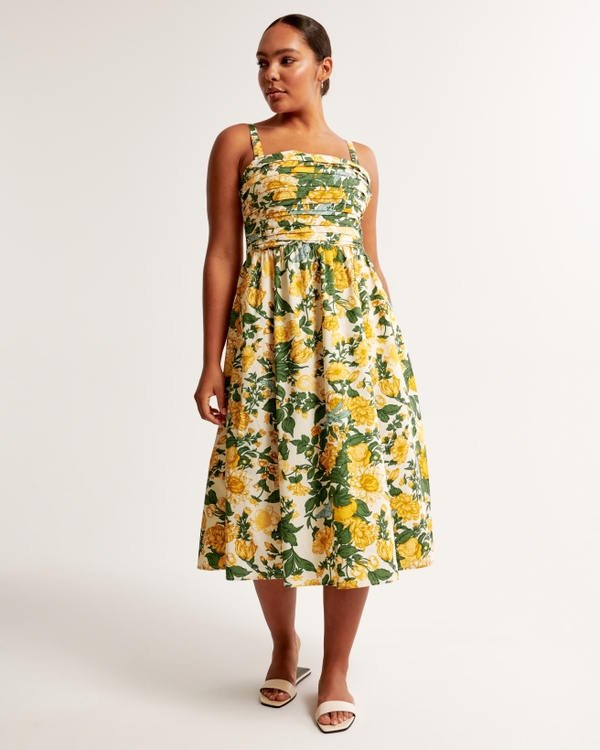 Emerson Midikleid aus Popelin mit breiten Trägern, Yellow Floral