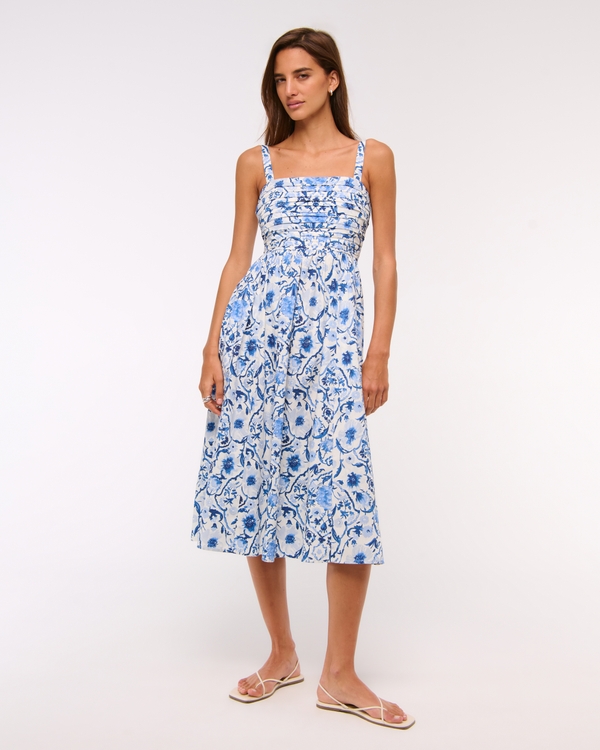 Emerson Poplin Wide Strap Midi Dress, Blue Pattern