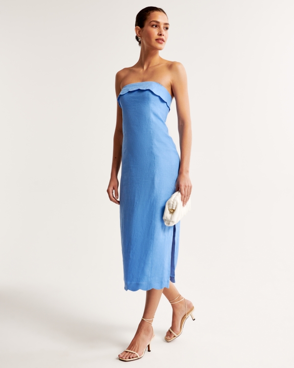 Premium Linen Scalloped Midi Dress, French Blue