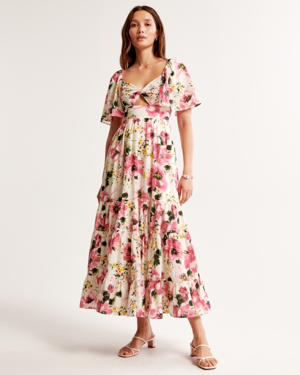 Twist-Front Tiered Maxi Dress, Pink Floral