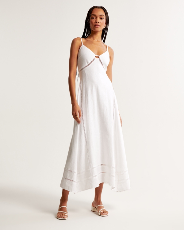Lace-Pieced Sharkbite Midi Dress, White