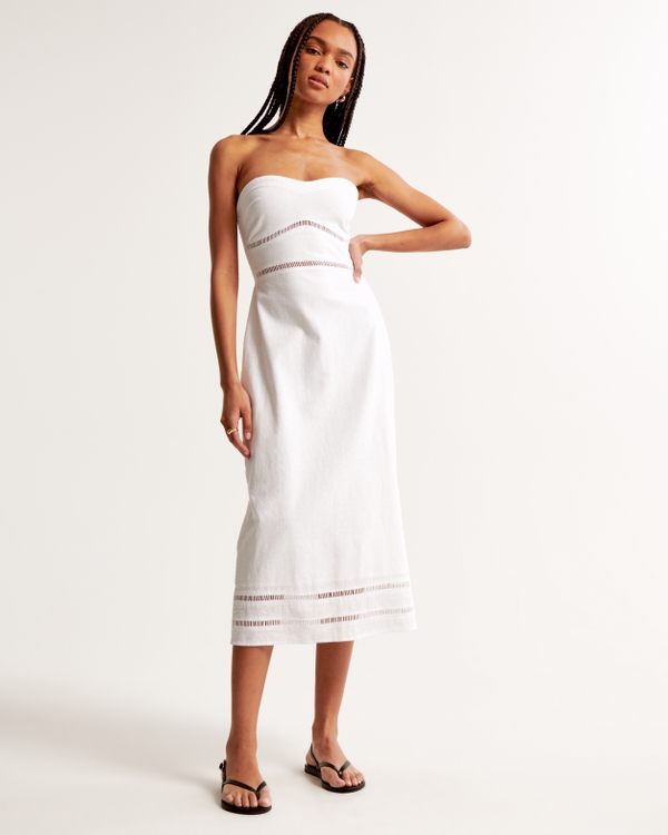 Strapless midi-jurk van linnenmix met kanten randje, White